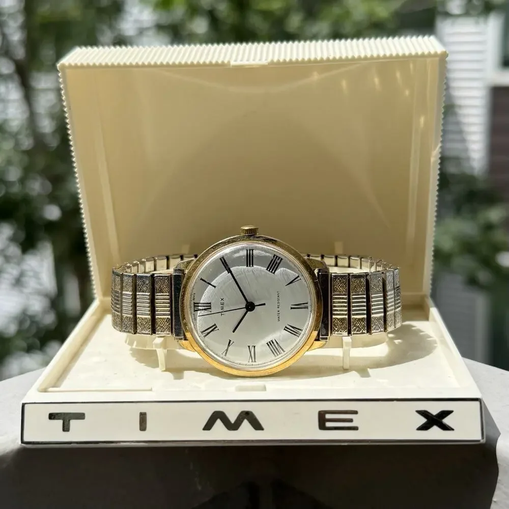 Vintage 70’s Timex Marlin Windup Wrist Watch Gold Tone Roman Numerals with Box